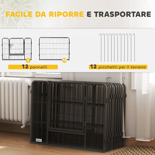 PawHut Recinto per Cani e Animali Domestici con 12 Pannelli Modulabili in Acciaio e 2 Ingressi, 80x1.5x60cm, Nero|Aosom