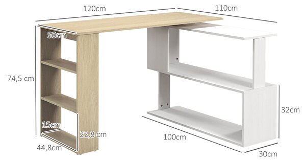 HOMCOM Scrivania angolare scrivania per computer modulabile libreria integrata + mensola 3 livelli bianco e legno naturale | Aosom Italy