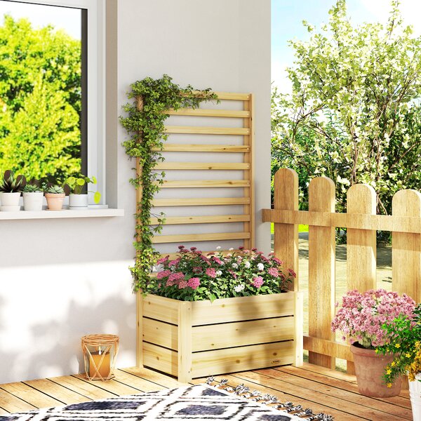 Outsunny Aiuola rialzata con traliccio in legno Foro di scarico Fodera in tessuto non tessuto 60 x 39 x 120 cm Legno naturale | Aosom Italy