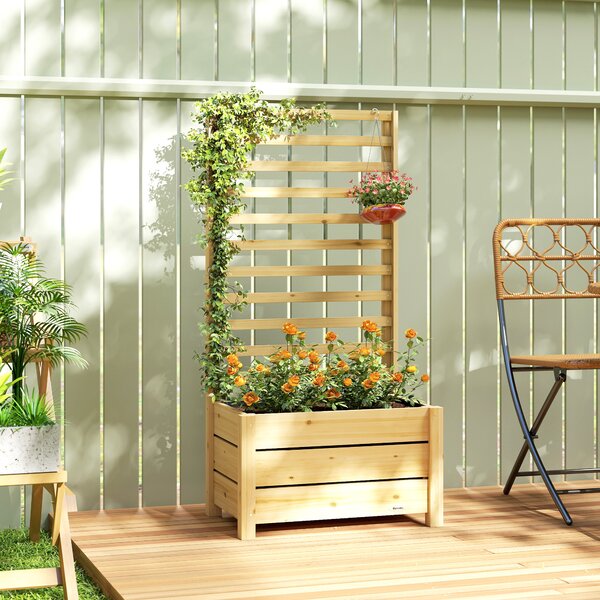 Outsunny Aiuola rialzata con traliccio in legno Foro di scarico Fodera in tessuto non tessuto 60 x 39 x 120 cm Legno naturale | Aosom Italy