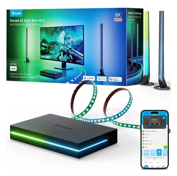 Govee - AI Sync Box Kit 2 Smart kit di illuminazione per PC 27-34" + pannelli LED Wi-Fi