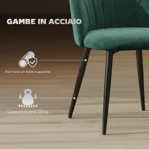 HOMCOM Set di 2 Sedie Sala da Pranzo in Velluto, con Schienale Curvo a Conchiglia, Gambe in Acciaio, Stile Nordico, Verde Scuro | Aosom Italy