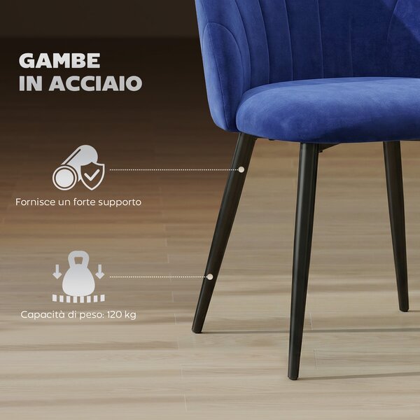 HOMCOM Set di 2 Sedie Sala da Pranzo in Velluto, con Schienale Curvo a Conchiglia, Gambe in Acciaio, Stile Nordico, Blu | Aosom Italy