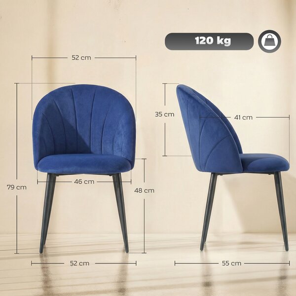 HOMCOM Set di 2 Sedie Sala da Pranzo in Velluto, con Schienale Curvo a Conchiglia, Gambe in Acciaio, Stile Nordico, Blu | Aosom Italy