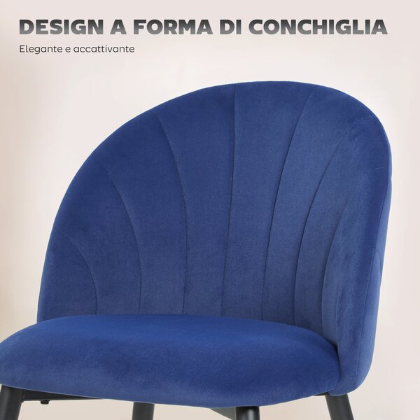 HOMCOM Set di 2 Sedie Sala da Pranzo in Velluto, con Schienale Curvo a Conchiglia, Gambe in Acciaio, Stile Nordico, Blu | Aosom Italy