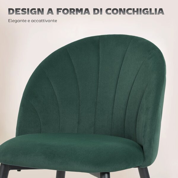 HOMCOM Set di 2 Sedie Sala da Pranzo in Velluto, con Schienale Curvo a Conchiglia, Gambe in Acciaio, Stile Nordico, Verde Scuro | Aosom Italy