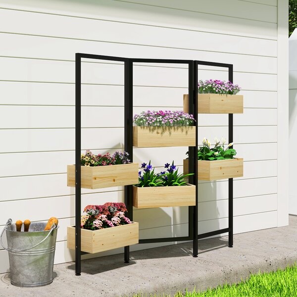 Outsunny Separatore pieghevole a 3 pannelli con 6 fioriere con foro di drenaggio e fodera, 116l x 20P x 112H cm, legno naturale | Aosom Italy