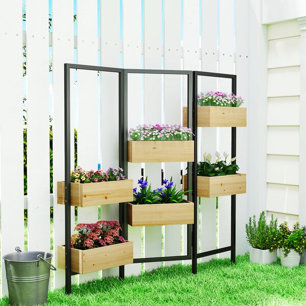 Outsunny Separatore pieghevole a 3 pannelli con 6 fioriere con foro di drenaggio e fodera, 116l x 20P x 112H cm, legno naturale | Aosom Italy