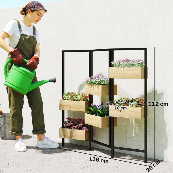 Outsunny Separatore pieghevole a 3 pannelli con 6 fioriere con foro di drenaggio e fodera, 116l x 20P x 112H cm, legno naturale | Aosom Italy