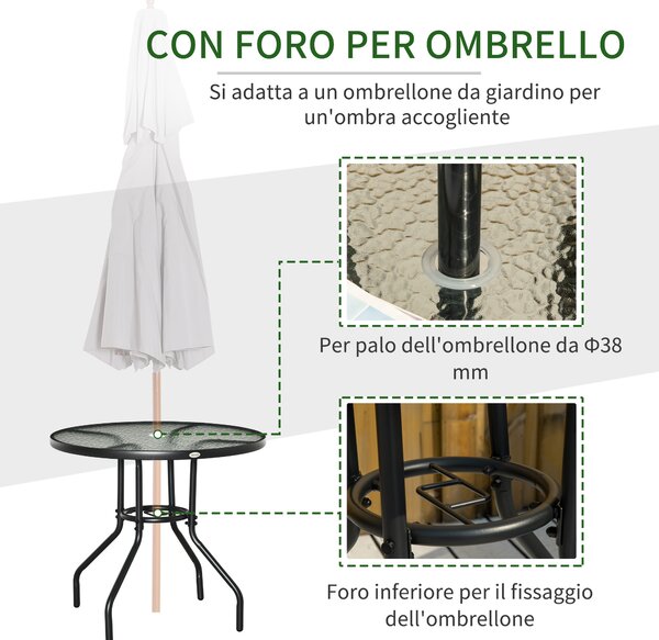 Outsunny Tavolo da Giardino Rotondo con Foro per Ombrellone, 80cm, Nero | Aosom Italy