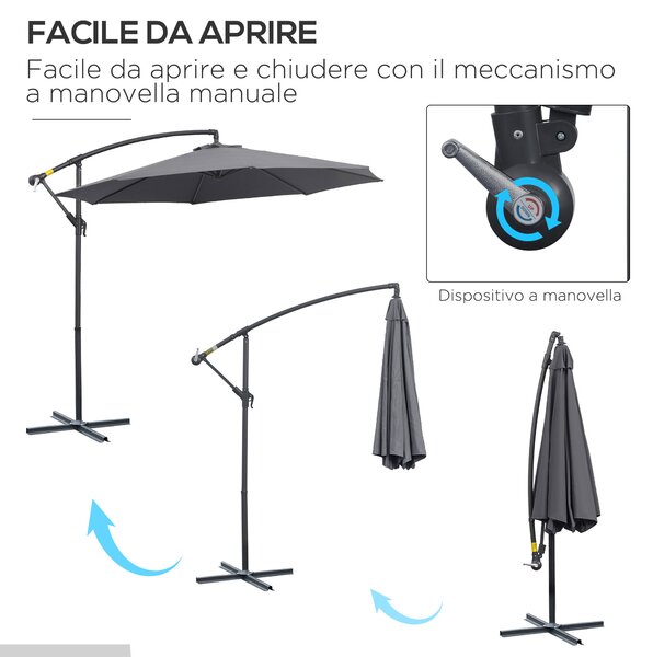 Outsunny Ombrellone da Giardino Decentrato Ø3m, Struttura in Metallo con 8 Braccia, Manovella, Base Stabile a Croce, Grigio | Aosom