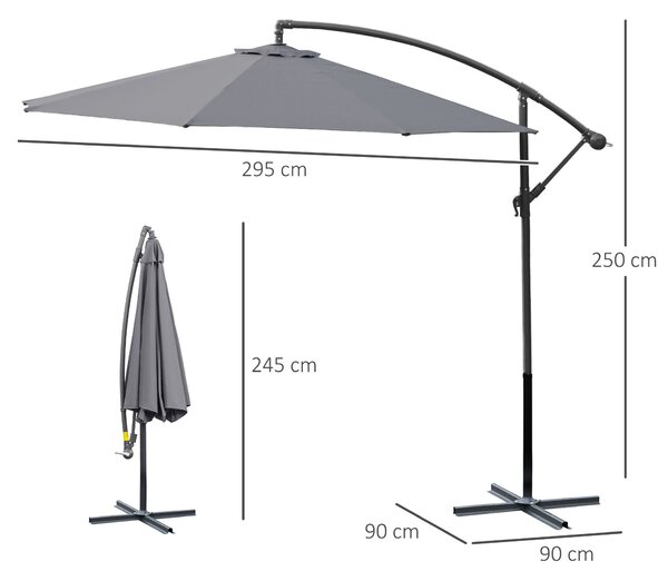 Outsunny Ombrellone da Giardino Decentrato Ø3m, Struttura in Metallo con 8 Braccia, Manovella, Base Stabile a Croce, Grigio | Aosom