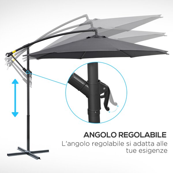 Outsunny Ombrellone da Giardino Decentrato Ø3m, Struttura in Metallo con 8 Braccia, Manovella, Base Stabile a Croce, Grigio | Aosom