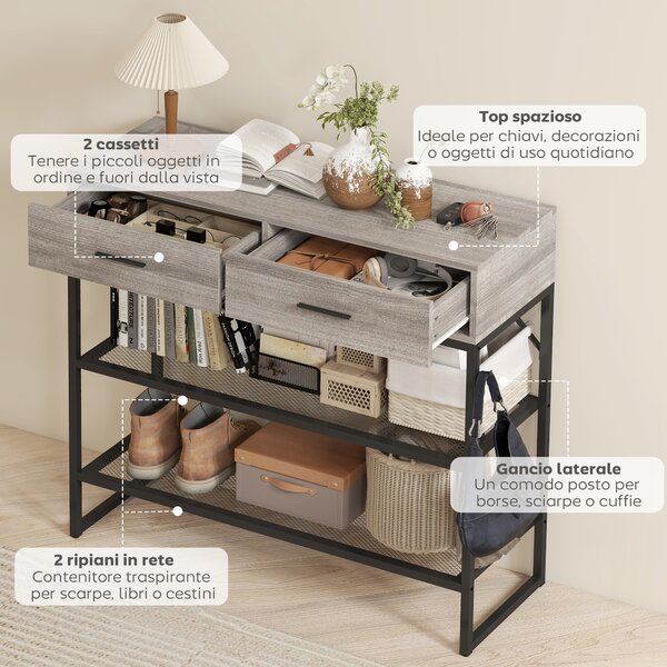 HOMCOM Consolle da Ingresso con 2 Cassetti, 2 Ripiani e Gancio Laterale, in Legno e Metallo, 100x35x92 cm, Nero e Legno | Aosom Italy