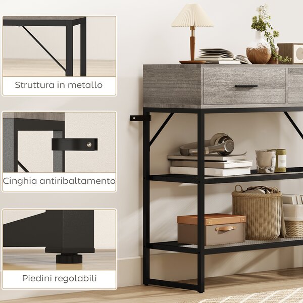 HOMCOM Consolle da Ingresso con 2 Cassetti, 2 Ripiani e Gancio Laterale, in Legno e Metallo, 100x35x92 cm, Nero e Legno | Aosom Italy