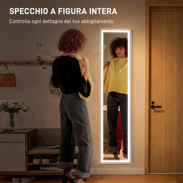 HOMCOM Specchio Illuminato con Luci LED Regolabili e Pulsante Touch, in Vetro e MDF, 40x5x160 cm, Bianco | Aosom Italy