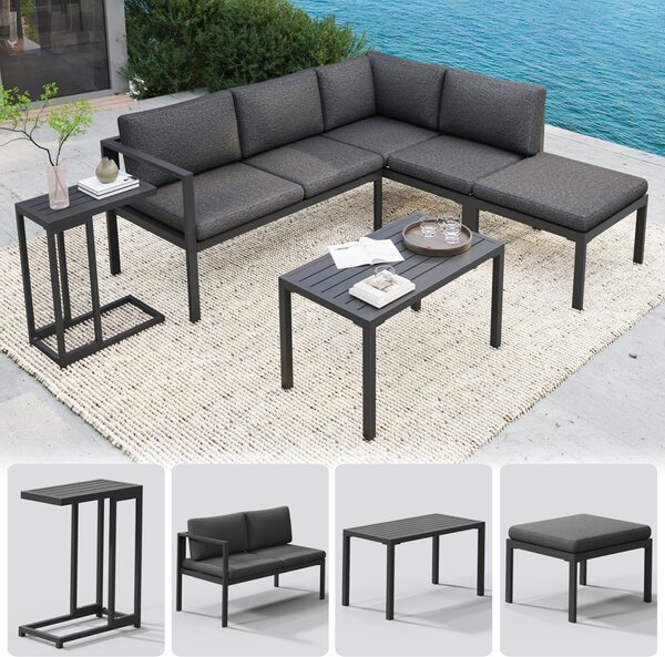 Gruppo di sedute in alluminio - divano angolare con tavolino, salotto da giardino resistente alle intemperie