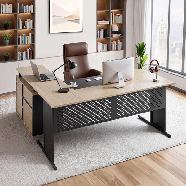 Scrivania angolare a L - Scrivania per ufficio - Con cassetti e armadietto - Montaggio reversibile a destra/sinistra - Metallo e legno - Portata 158,7 kg - Scrivania per computer