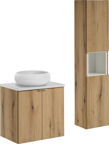 Mobile Bagno 60 Cm Con Lavabo Da Appoggio E Colonna In Rovere + Bianco Opaco