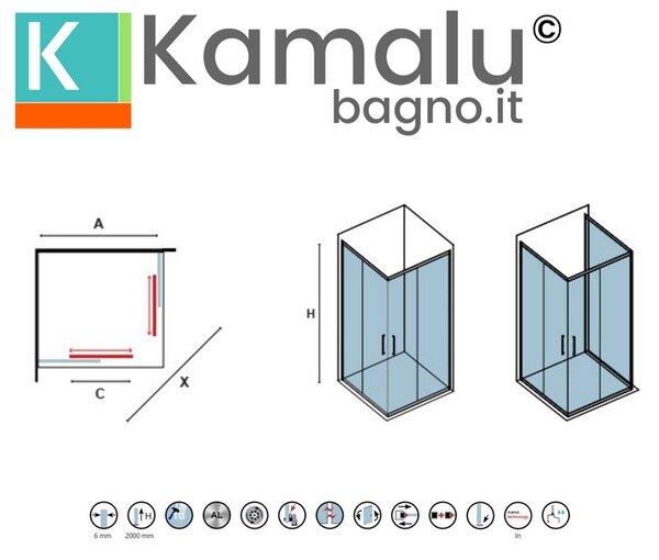 Kamalu box doccia 70x70cm angolare porte scorrevoli finitura cromo | kla1000c