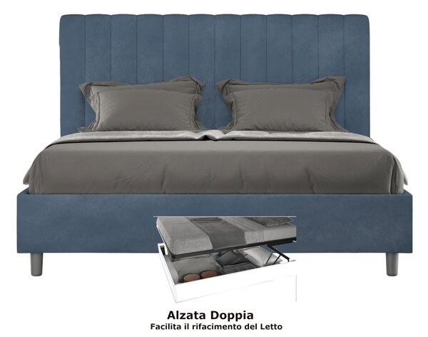 Letto matrimoniale In MIcrofibra con Doppio Contenitore AGUEDA giroletto imbottito Dimensioni 160x190 cm effetto trapuntato Blu