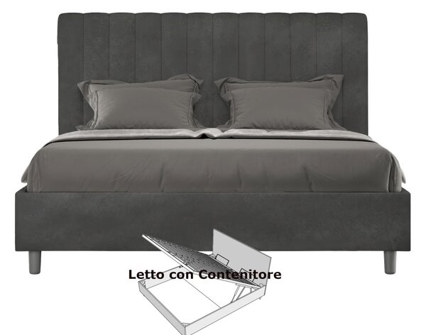 Letto Matrimoniale alla Francese con Contenitore AGUEDA In Microfibra Dimensioni 140x200 cm giroletto imbottito effetto trapuntato Grigio