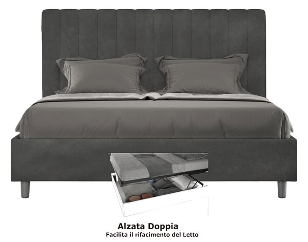Letto matrimoniale In MIcrofibra con Doppio Contenitore AGUEDA giroletto imbottito Dimensioni 160x190 cm effetto trapuntato Grigio