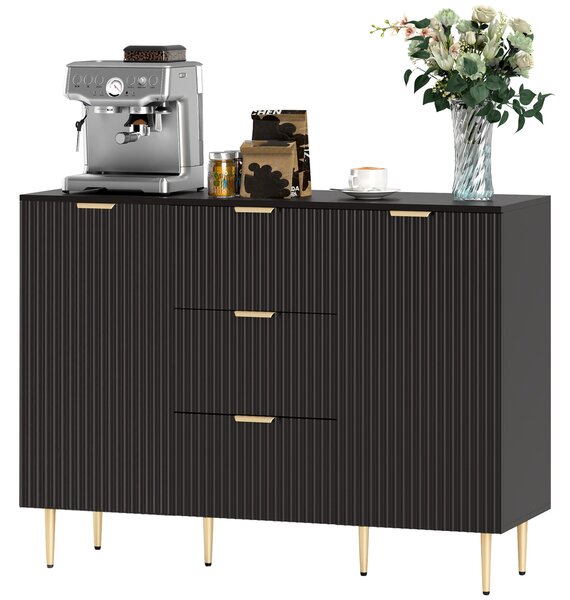 HOMCOM Credenza da cucina con 3 cassetti, mensole regolabili, ante scanalate, 120 x 40 x 90 cm, Nero | Aosom Italy