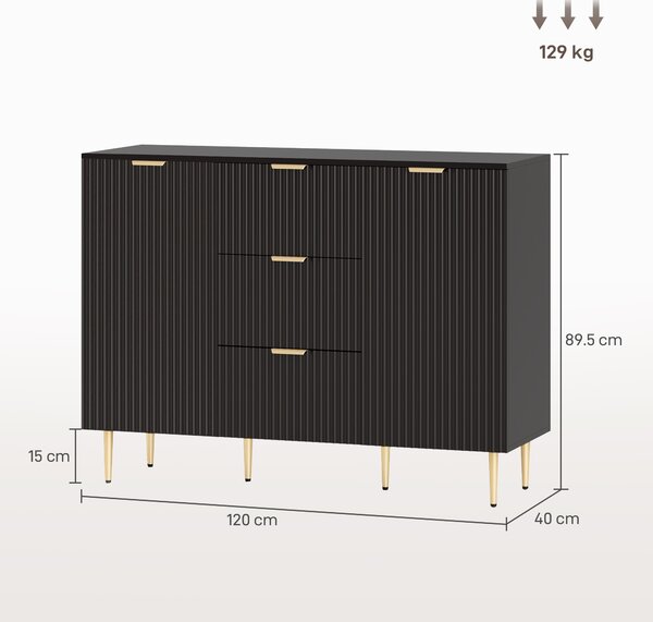 HOMCOM Credenza da cucina con 3 cassetti, mensole regolabili, ante scanalate, 120 x 40 x 90 cm, Nero | Aosom Italy