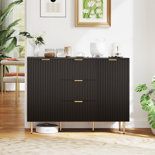 HOMCOM Credenza da cucina con 3 cassetti, mensole regolabili, ante scanalate, 120 x 40 x 90 cm, Nero | Aosom Italy
