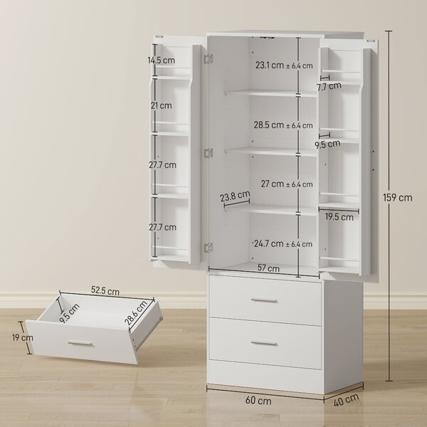 HOMCOM Credenza da Cucina con Armadietto con 8 Ripiani Portaspezie e 2 Cassetti, 60x40x159 cm, Bianco | Aosom Italy