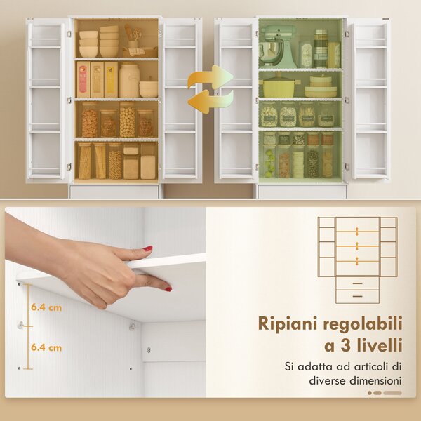 HOMCOM Credenza da Cucina con Armadietto con 8 Ripiani Portaspezie e 2 Cassetti, 60x40x159 cm, Bianco | Aosom Italy