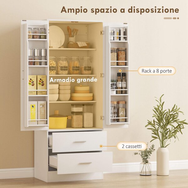 HOMCOM Credenza da Cucina con Armadietto con 8 Ripiani Portaspezie e 2 Cassetti, 60x40x159 cm, Bianco | Aosom Italy