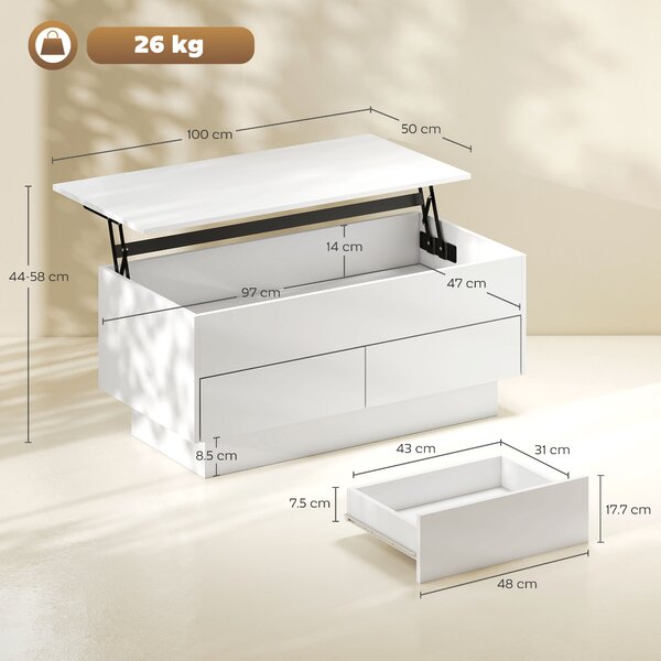 HOMCOM Tavolino da salotto con scomparto nascosto e 2 cassetti, 100 x 50 x 44 cm, bianco | Aosom Italy