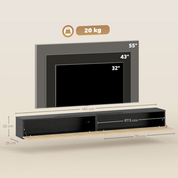 HOMCOM Mobile TV sospeso, per TV da 72", con 2 ante ribaltabili, 140 cm, Legno naturale e nero | Aosom Italy