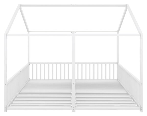 Letto per bambini in metallo 90×200 cm, forma di casa, con sponda di sicurezza, senza materasso, Bianco