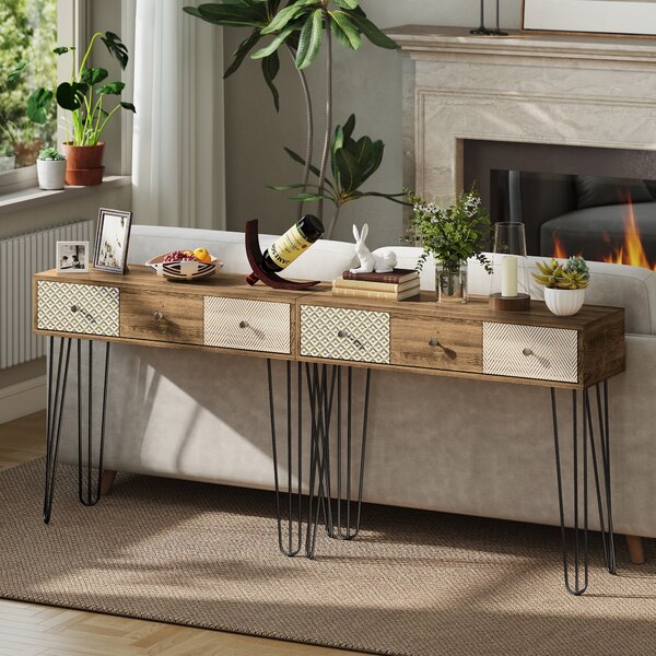 HOMCOM Tavolo Consolle con 3 Cassetti e Gambe in Acciaio, Stile Bohemien, Legno Naturale | Aosom Italy