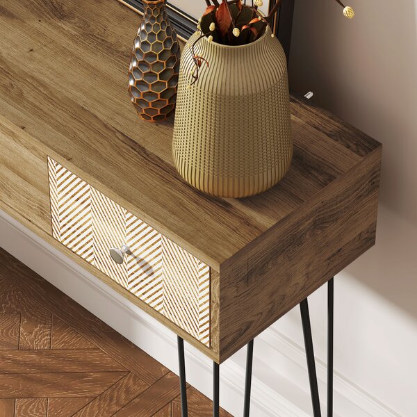 HOMCOM Tavolo Consolle con 3 Cassetti e Gambe in Acciaio, Stile Bohemien, Legno Naturale | Aosom Italy