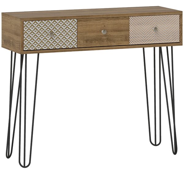 HOMCOM Tavolo Consolle con 3 Cassetti e Gambe in Acciaio, Stile Bohemien, Legno Naturale | Aosom Italy
