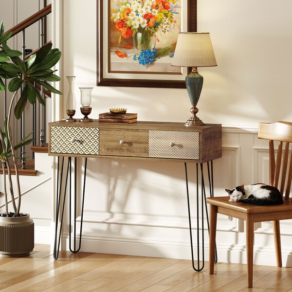 HOMCOM Tavolo Consolle con 3 Cassetti e Gambe in Acciaio, Stile Bohemien, Legno Naturale | Aosom Italy