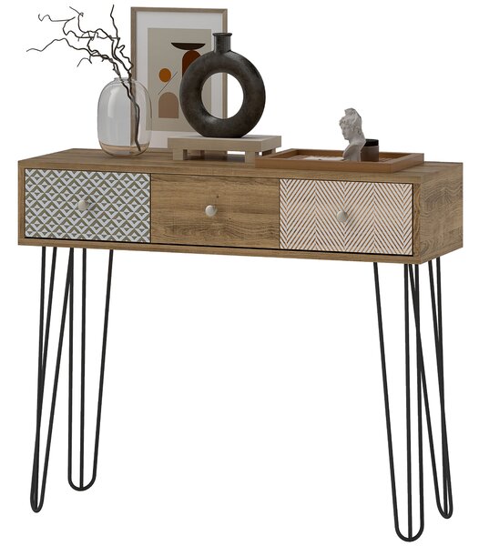 HOMCOM Tavolo Consolle con 3 Cassetti e Gambe in Acciaio, Stile Bohemien, Legno Naturale | Aosom Italy