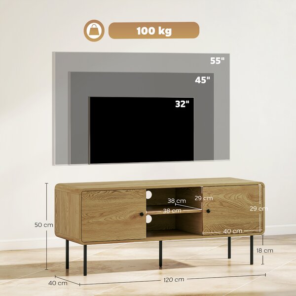 HOMCOM Mobile TV, con 2 ante, 2 scomparti aperti, piedi in acciaio, 120x40x50cm, Rovere | Aosom Italy