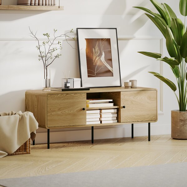HOMCOM Mobile TV, con 2 ante, 2 scomparti aperti, piedi in acciaio, 120x40x50cm, Rovere | Aosom Italy