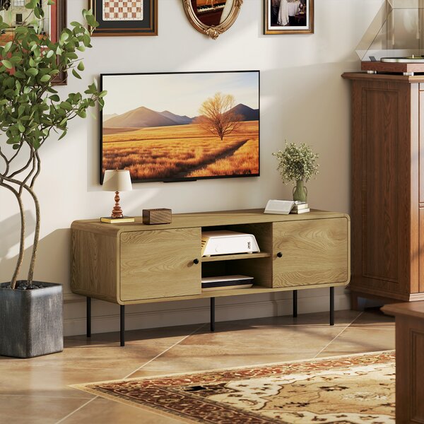 HOMCOM Mobile TV, con 2 ante, 2 scomparti aperti, piedi in acciaio, 120x40x50cm, Rovere | Aosom Italy