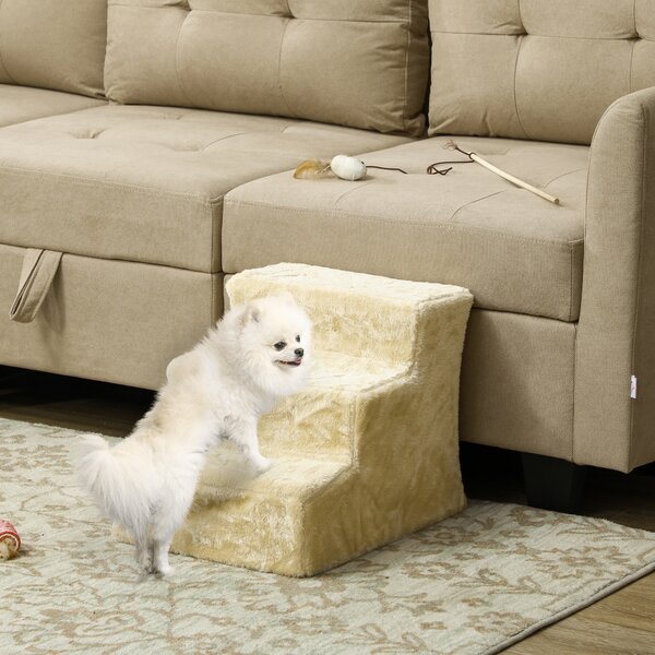 PawHut Scala per Cani a 3 Gradini con Fodera Rimovibile e Lavabile Rampa per Cani per Letto Divano 46x35x35 cm Beige | Aosom Italy