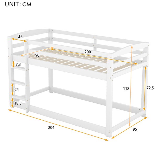 Letto a Castello per Bambini 6+ Anni, 90x200 cm, Struttura in Legno, Senza Materasso, Bianco | Aosom Italy