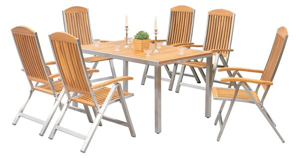 Set di mobili da giardino Merxx Keros 7 pezzi, 6 sedie pieghevoli, 1 tavolo 150 x 90 cm - acciaio inossidabile/acacia