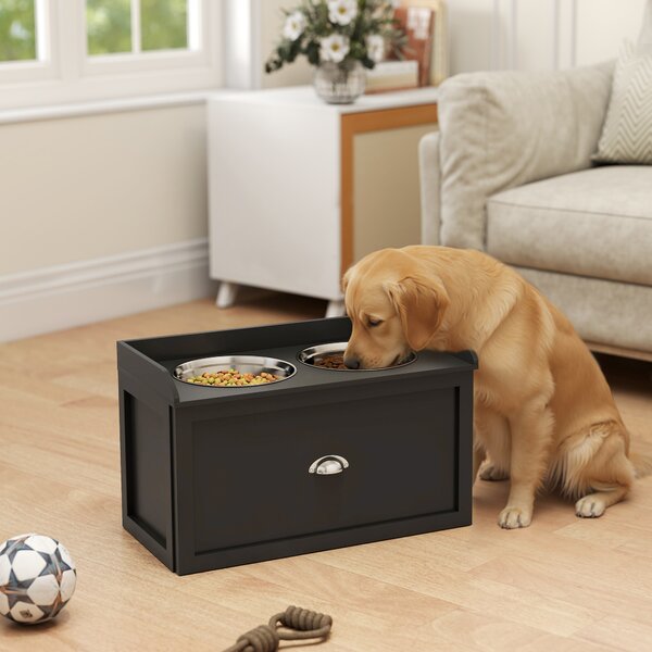PawHut Ciotole per Cani Rialzate in Acciaio Inox e Legno con Cassetto, 60x30x36cm, Nero