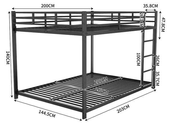 Letto a Castello per Bambini 6+ Anni in Metallo 140x200 cm, Senza Materasso, Nero | Aosom Italy