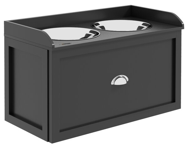 PawHut Ciotole per Cani Rialzate in Acciaio Inox e Legno con Cassetto, 60x30x36cm, Nero